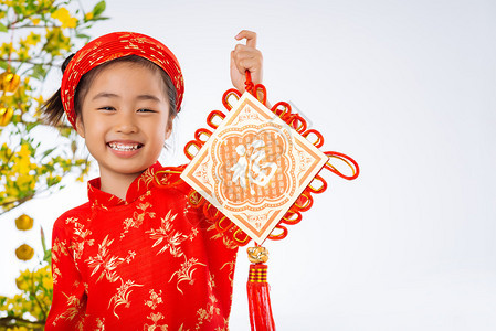 拥有传统越南新年奖章的快乐女孩Happy图片