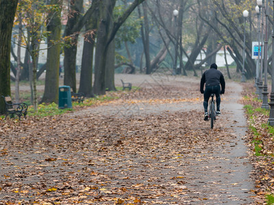 男子在秋天的公园骑自行车图片