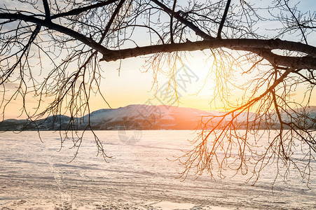 美丽的冬季风景日落时有冰冻图片