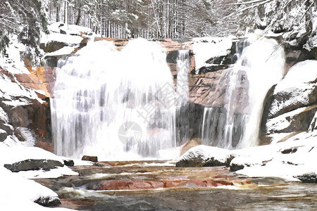 水彩漆雪岩到瀑布的冬季观视水位低溪流深冻图片