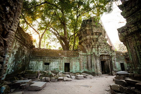 Angkor考古公园古老佛教塔普罗姆寺庙的建筑柬埔寨纪念碑暹粒背景图片
