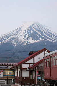 河口湖火车站和富士山背景图片