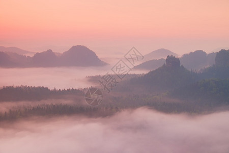 红色黎明朦胧的黎明在美丽的小山峰从有雾的背景中伸出图片