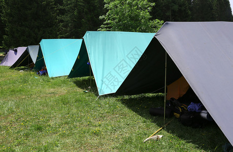 山区童子军夏令营的一排帐篷背景图片