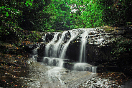 泰国森林自然中的蓝流瀑布降水背景图片
