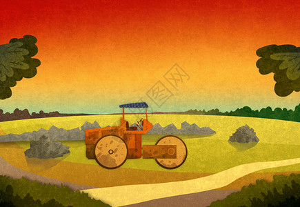 日落时用农车耕种田地作物卡通图片