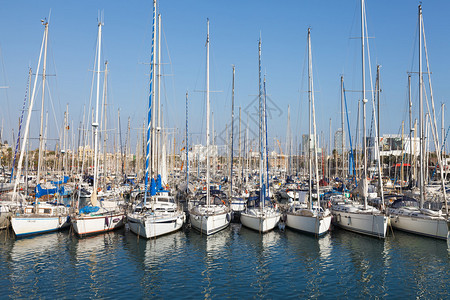 许多游艇乘坐的巴塞罗那港口观光西班图片