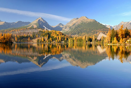 秋季彩色山湖和森林在湖中反射图片