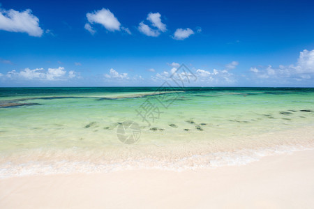 加勒比巴岛屿上带有白沙绿海水和蓝天空的图片
