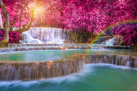 在雨林里Tat夼寺瀑布在銮praba瀑布图片