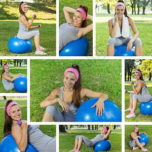 健身健康有氧运动锻炼用传球对年轻女进行拼凑户外活动是体图片