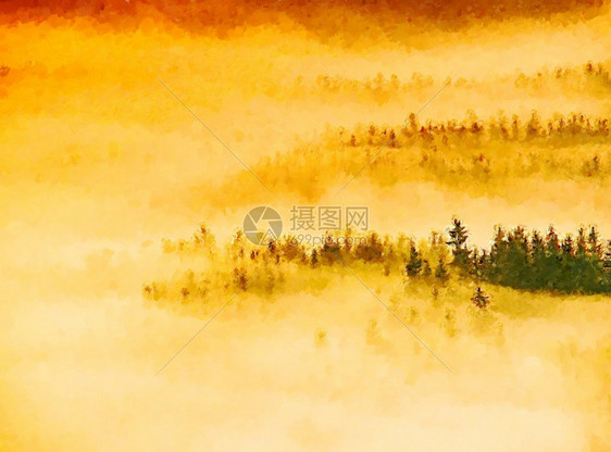 水彩漆油漆效应日出雾和森林山图片