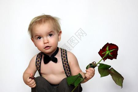 穿着吊带和黑色领结的小男孩蹲着拿一朵红玫瑰图片