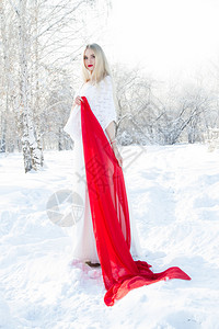 穿着白礼服的新娘在冬季森林的背景图片