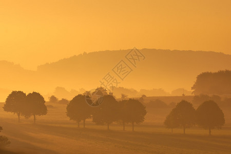 在德国农业地貌的薄雾日出期间山上图片