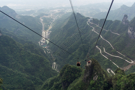 从最长的缆车上看天门山盘公路摄于图片