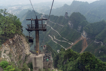 从最长的缆车上看天门山盘公路摄于图片