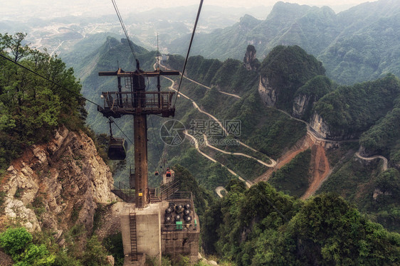 从最长的缆车上看天门山盘公路摄于图片