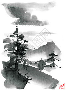 水色和墨水风景天空松树塔苏米图片