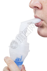 医用吸入治疗现代喷射雾化器喉舌在白色背景中隔离背景图片
