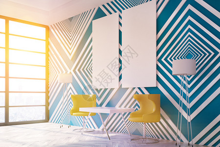 现代室内装饰有条纹蓝色图案壁纸木地板小桌子椅子落地灯空白面板和城市景观窗户色调图像模拟背景图片