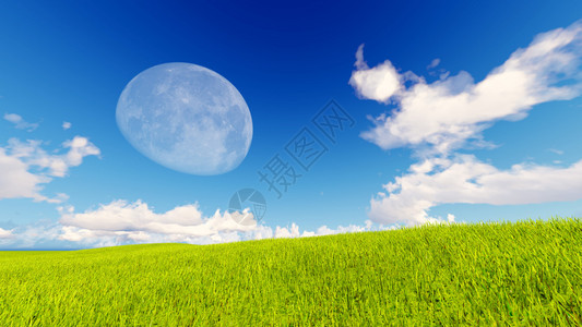 景观绿草蓝月亮天空3d渲染图片