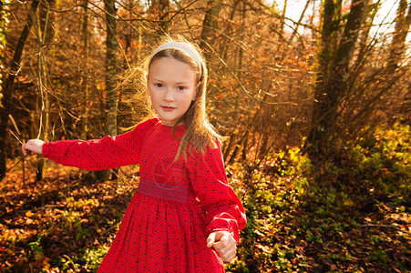 小女孩在秋天森林玩耍图片