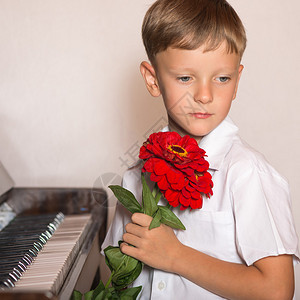 向男孩学生钢琴家赠送一束粉丝图片