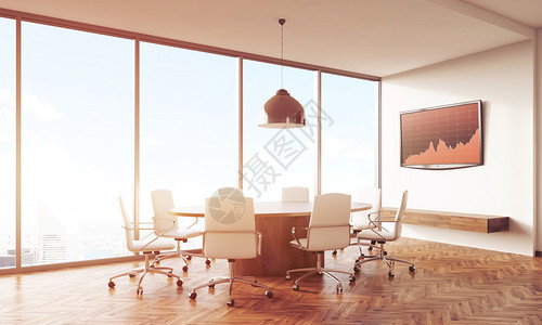 室内会议室内装有全景窗口电视机圆桌和白色皮革扶手椅公司业务概念图片