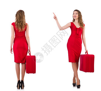身着红色礼服的年轻女子与手提箱图片