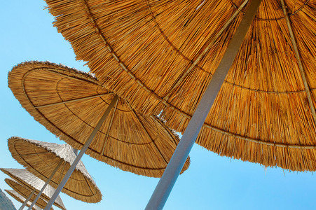 许多沙滩雨伞由草做成蓝天背景夏图片