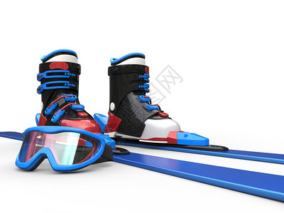 带蓝边滑雪镜的蓝色滑雪板图片