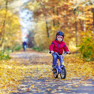 四年的小孩男在秋天的森林里骑着自行车活跃的孩子戴着自行车头盔运动休闲图片