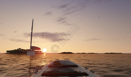 日落海场景与船3D插图图片