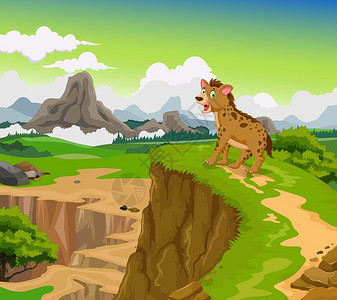 美丽山景背的搞笑鬣狗卡通插图图片