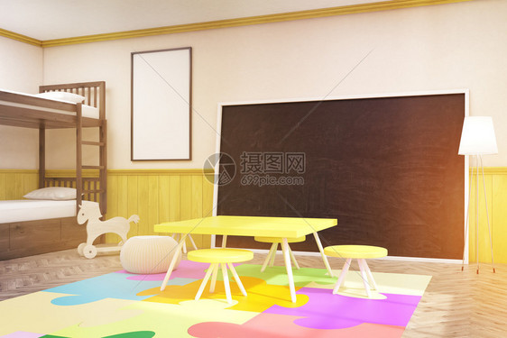 儿童房配有大黑板黄色桌椅玩具马和床家庭教育的概念3d渲染小图片