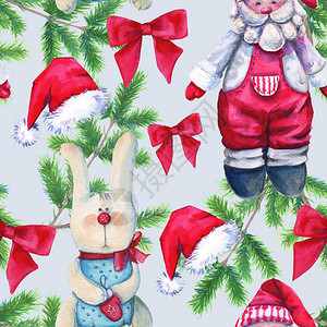 背景玩具圣诞老人和无缝模式水彩圣诞插图片