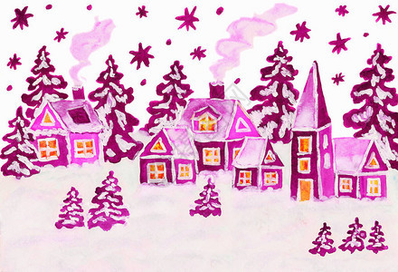 手画圣诞照片冬季风景与房屋以粉红色的红色图片