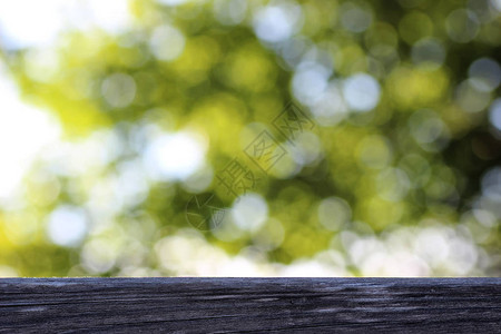 以模糊的夏季叶子背景为背景的木制表背景图片