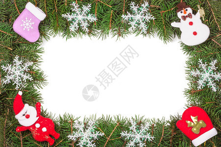 圣诞框架由花生树枝组成上面装饰着雪花人和圣诞老人在白色图片