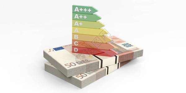3d将能源效率分类列入欧元钞票和白图片