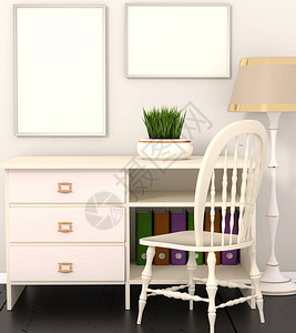 Mocap内部会计办公室白色墙壁的橱柜深色地板上的白色木桌和椅子一堆书文件文件夹花盆里的绿花带有阴影的白色灯背景图片