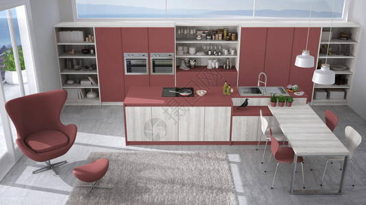 现代白色和红色厨房图片