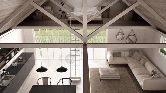 极简主义夹层阁楼厨房客厅和卧室木屋顶和镶木地板顶视图斯堪的纳维亚背景图片