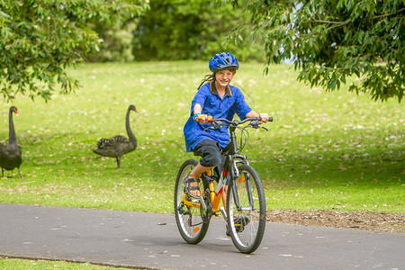 在自然公园背景下骑自行车的快乐青春期前男孩图片
