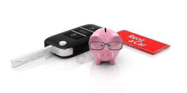 租一辆汽车和一家小猪银行在白色背图片
