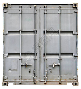 钢灰旧生锈海运货集装箱的门和锁闭图片