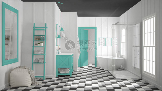 斯堪的纳维亚简约的白色灰色和青绿色浴室淋浴缸和装饰图片