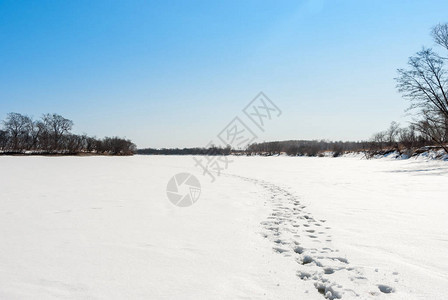 冬天的河流雪地上的脚印图片