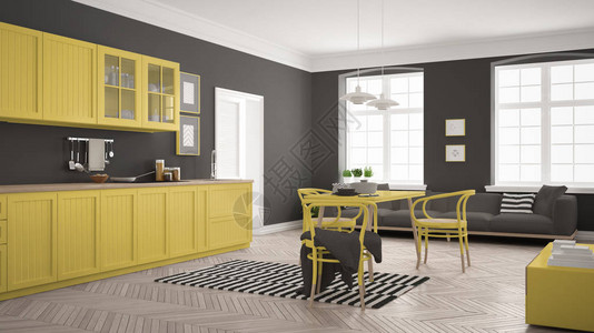 配有餐桌和客厅白色和黄色扫描式室内设计的最小型现代厨房图片